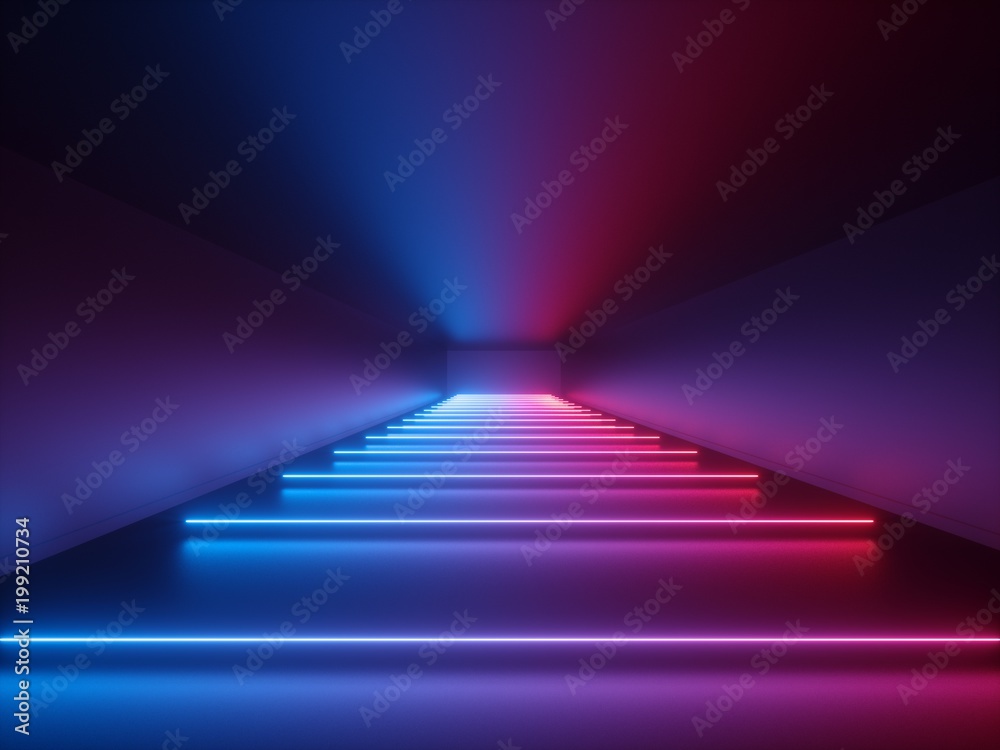 3d render, glowing lines, neon lights, abstract psychedelic background, corridor, tunnel, ultraviolet, spectrum vibrant colors, laser show