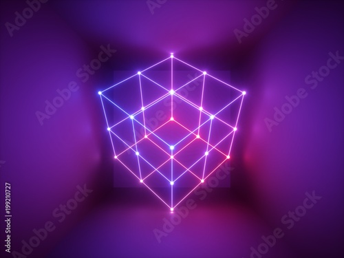 Fototapeta Naklejka Na Ścianę i Meble -  3d render, glowing lines, neon lights, abstract psychedelic background, cube cage, ultraviolet, infrared, spectrum vibrant colors, laser show