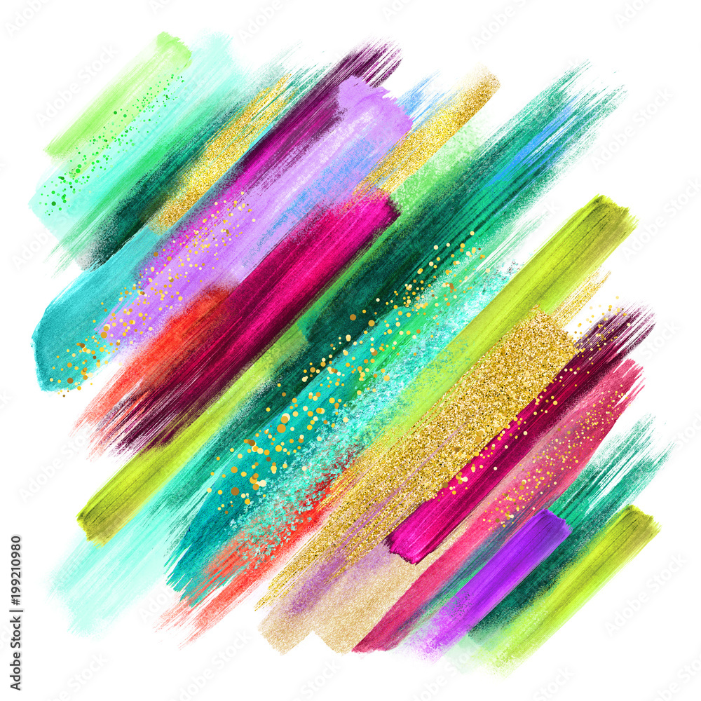 abstract watercolor brush strokes isolated on white, creative illustration,  artistic color palette, boho fashion, intricate ethnic background, grungy  smear, emerald green fuchsia gold Stock Photo