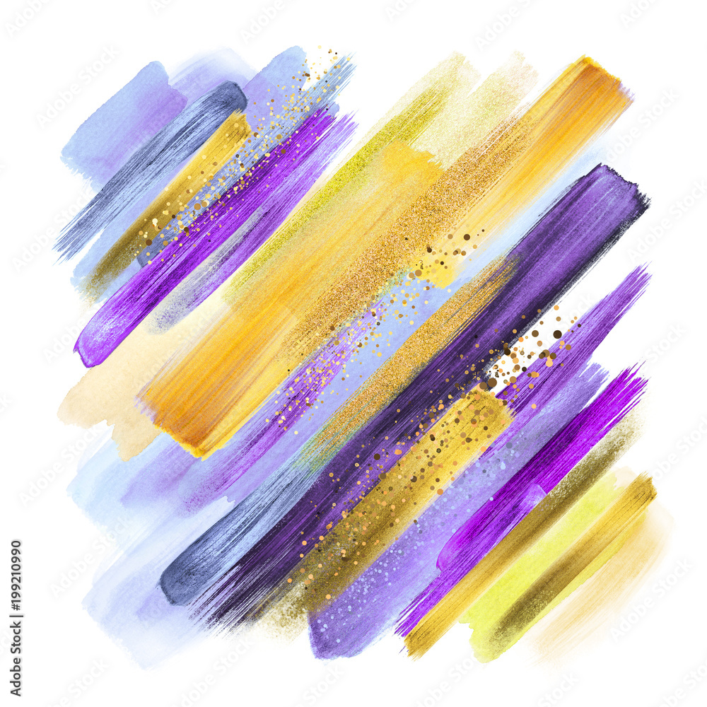 abstract watercolor brush strokes isolated on white, gouache paint grungy  smear, artistic colors, natural violet purple yellow palette, gold glitter,  boho fashion, intricate ethnic background Stock Photo
