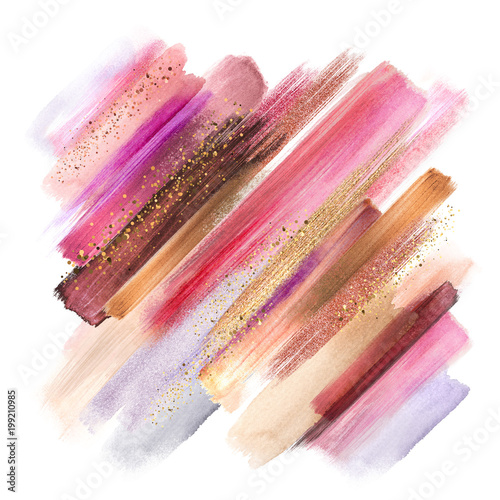 abstract paint smears isolated on white, watercolor brush strokes, fashion make up palette, sparkling shimmer, intricate ethnic background, fuchsia pink gold colors