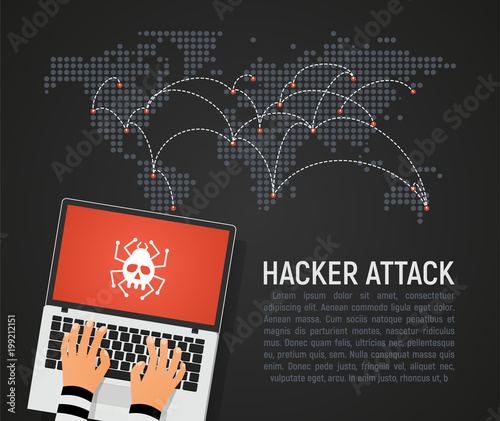 Global hacker attack world map vector illustration. World internet security in danger dark background in flat design. Hybrid network world wide war concept