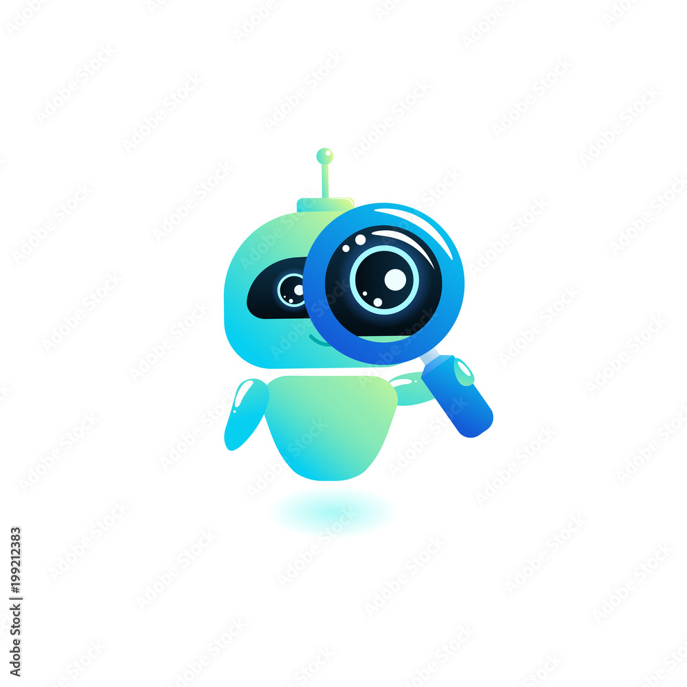 Obraz premium Chatbot search looks into a magnifying glass. Search Engine Optimization bot