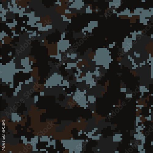 Seamless dark blue and brown digital pixel camo pattern vector