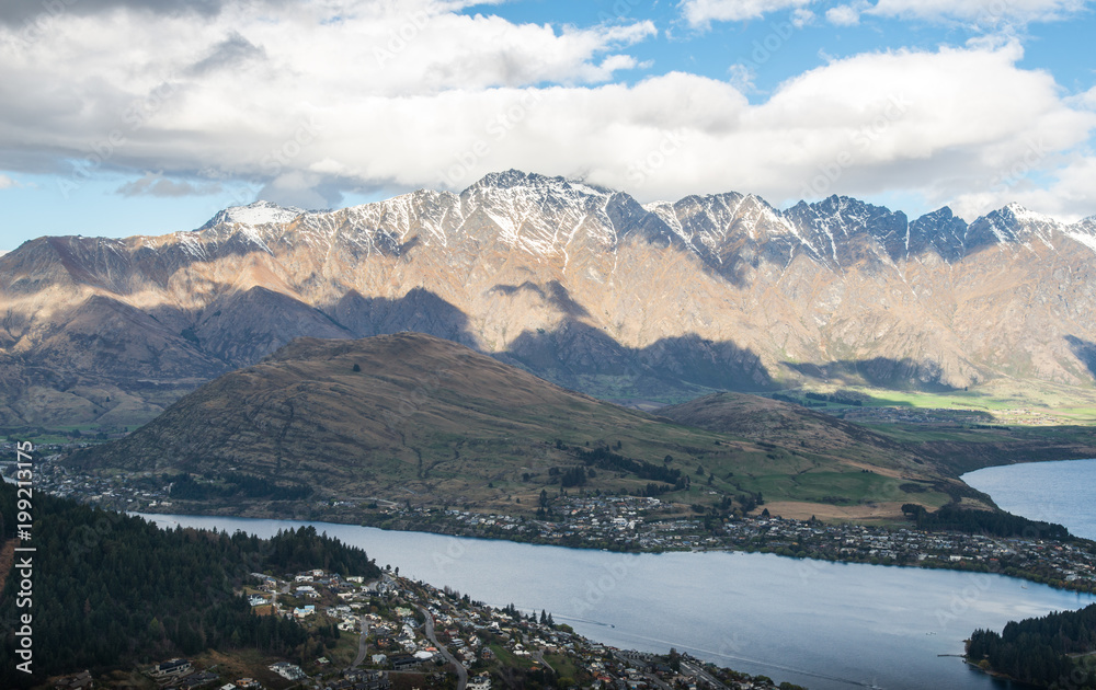 The scenery view of the Remarkables mountain in Queenstown, New Zealand.