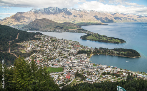 The spectacular view of Queenstown one of the most beautiful town in South Island of New Zealand view from the top of Queenstown skyline on Bob's peak.