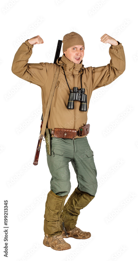 Full length portrait of a male hunter  showing muscle gesture with arm Isolated on white background. hunting and people concept.