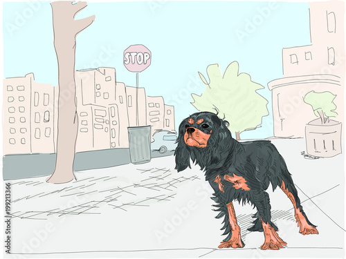 Vector illustration. Cute little black dog stands alert on a city street, as if she is hailing a taxi cab.