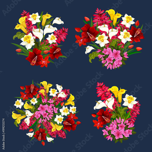 Flower bouquets spring floral icons vector set