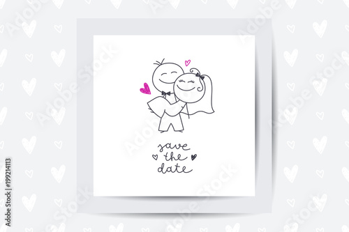 Hand drawn illustration of cute wedding couple, bride and groom, and lettering Save the Date
