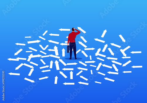 Businessman stands among intricate piles of arrows