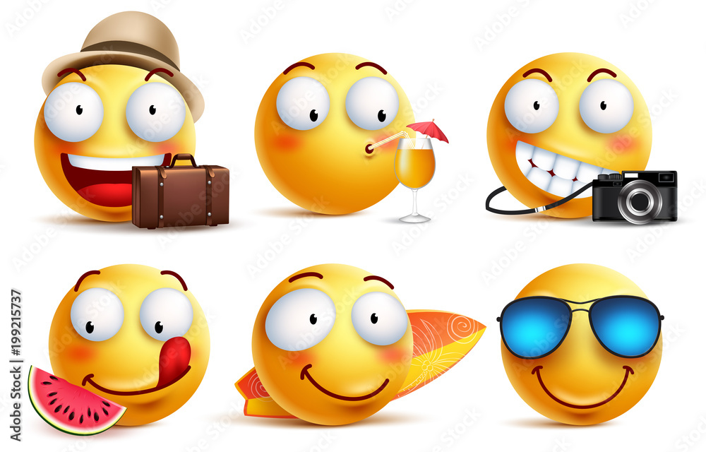 Summer smileys vector set with facial expressions. Yellow smiley face emoticons with summer vacation and travel outfits and elements isolated in white background. Vector illustration.
