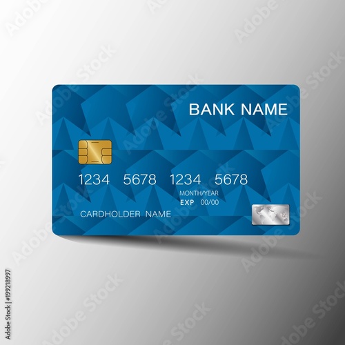 Modern credit card template design. With inspiration from the abstract. Blue color on the gray background. Vector illustration. Glossy plastic style.