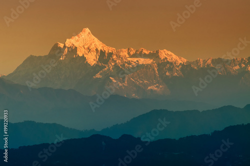 First light on Mount Kanchenjugha, Himalayan mountain range
