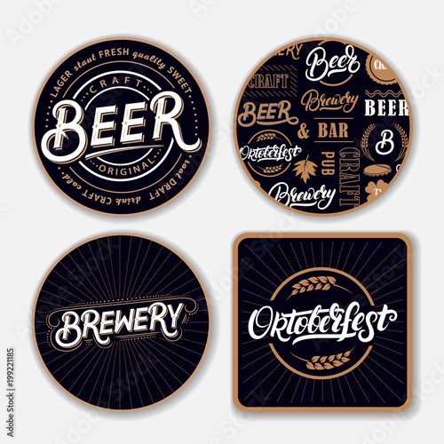 Set of coasters for beer with hand written lettering words.