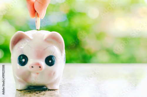 Hand saving a coin into pig...