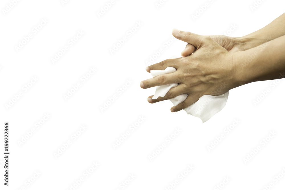 Man cleaning his hand with wet tissue isolated Man cleaning his hand with wet tissue isolated