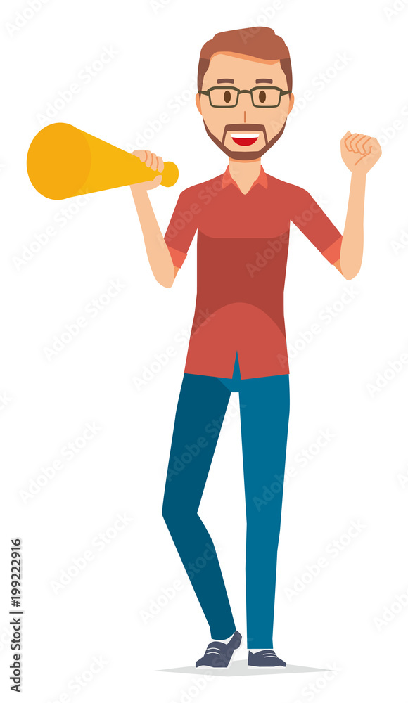 A bearded man wearing eyeglasses has a megaphone A bearded man wearing eyeglasses has a megaphone