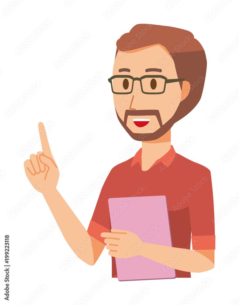 A bearded man wearing eyeglasses has a file. And he points out A bearded man wearing eyeglasses has a file. And he points out
