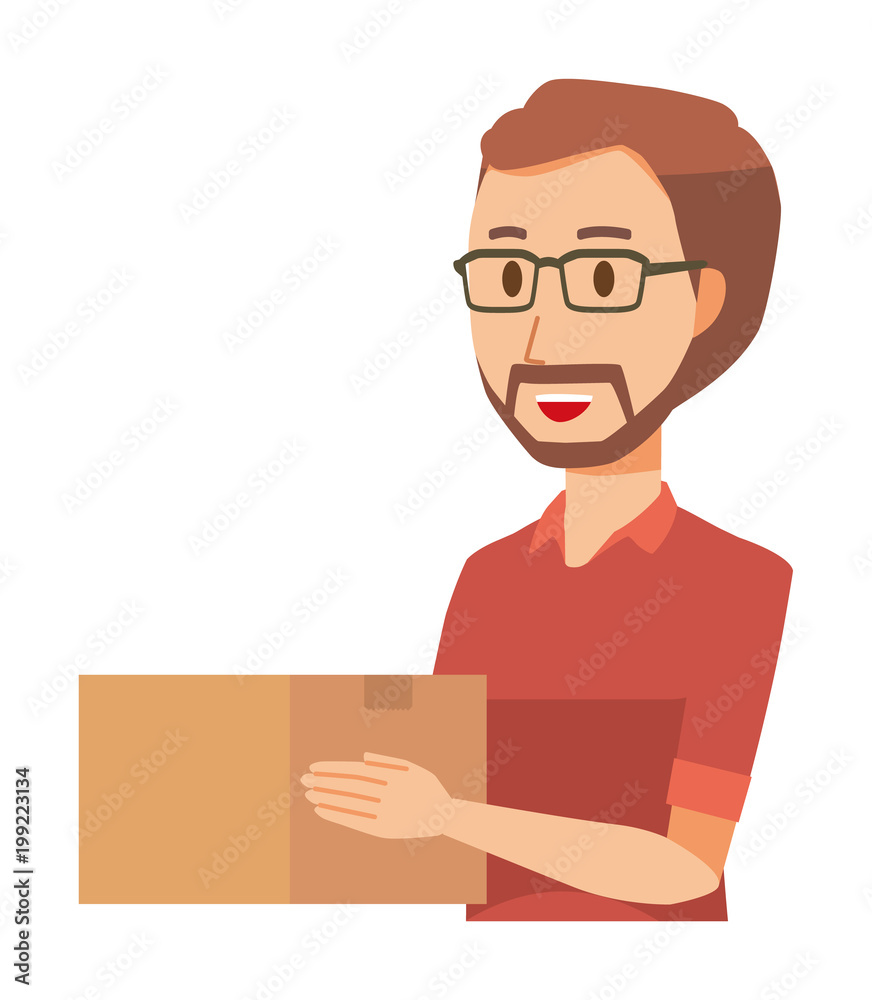 A bearded man wearing eyeglasses has a box A bearded man wearing eyeglasses has a box