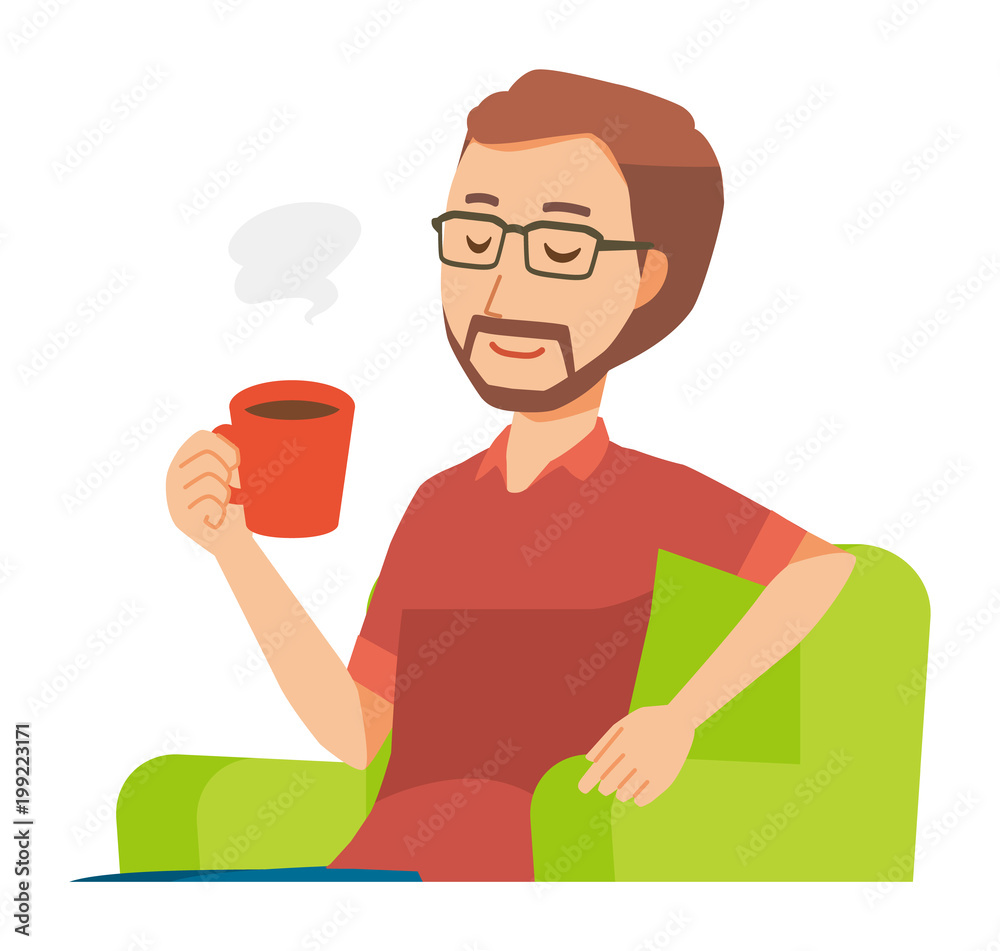 A bearded man wearing eyeglasses is sitting on a sofa and drinking coffee A bearded man wearing eyeglasses is sitting on a sofa and drinking coffee