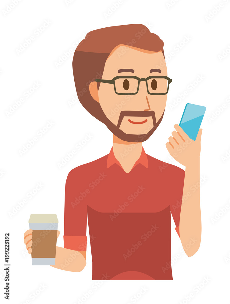 A bearded man wearing eyeglasses has coffee and manipulating a smartphone