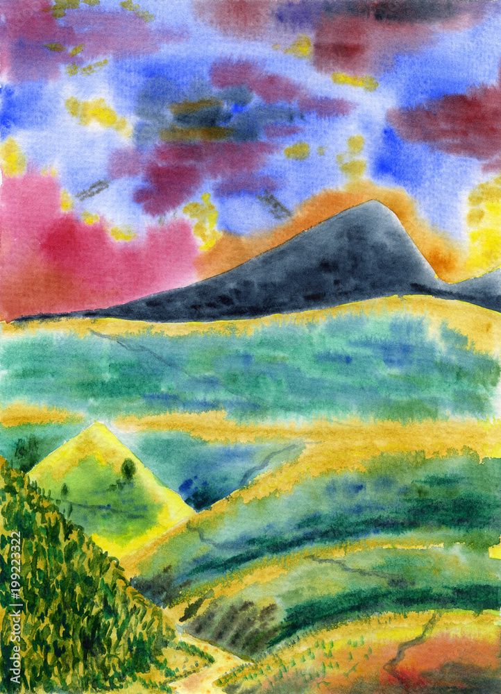 Watercolor painting. Colorful mountain landscape with hills, forest, river and road. Cloudy sky.