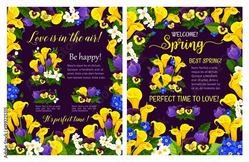 Spring poster with flower frame and blooming plant