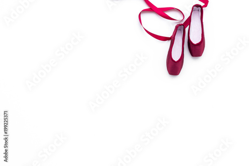 Professional dance shoes. Ballet concept. Pointes on white background top view copy space