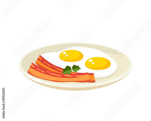 Breakfast, delicious start to the day. Plate with fried eggs, slices of bacon. Vector illustration cartoon flat icon isolated on white.