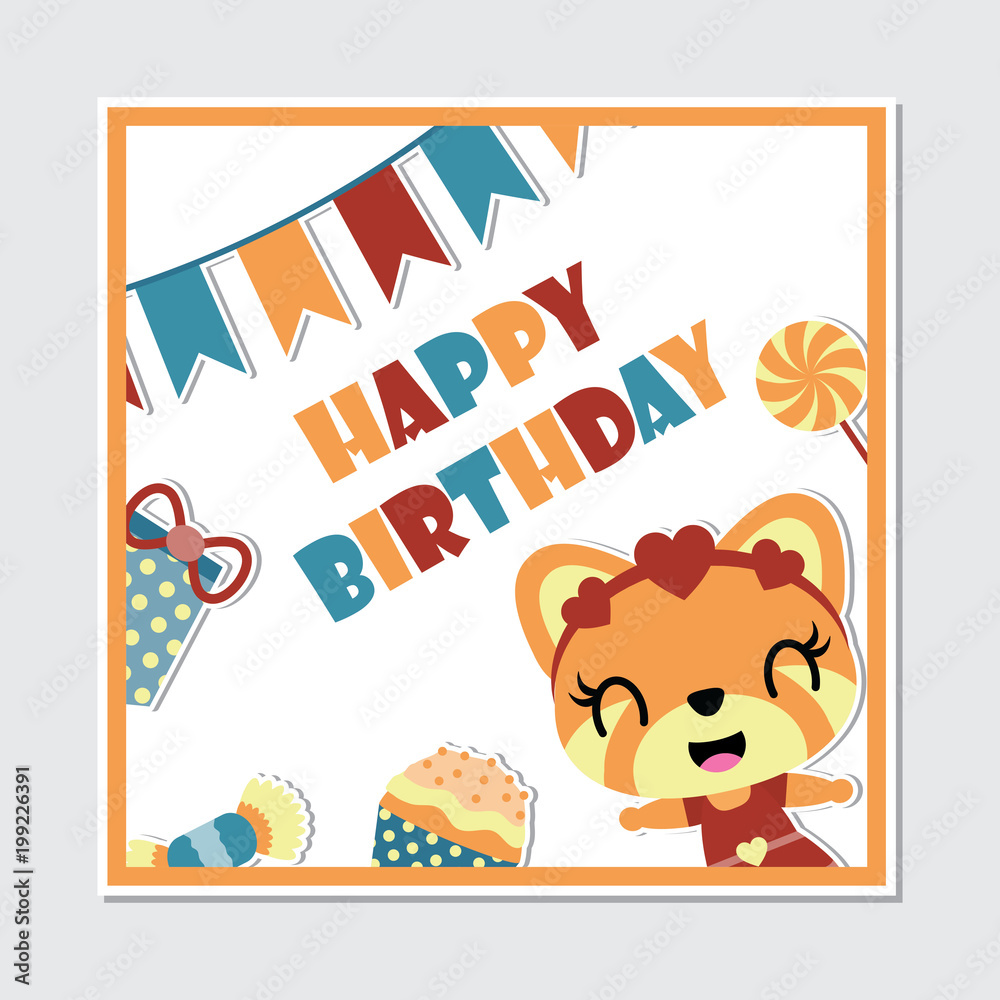 Cute gir fox and birthday elements frame vector cartoon illustration for happy birthday card design, postcard, and wallpaper