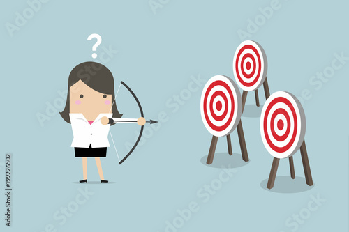 Businesswoman holding bow and arrow confused by multiple bulls eye target. vector