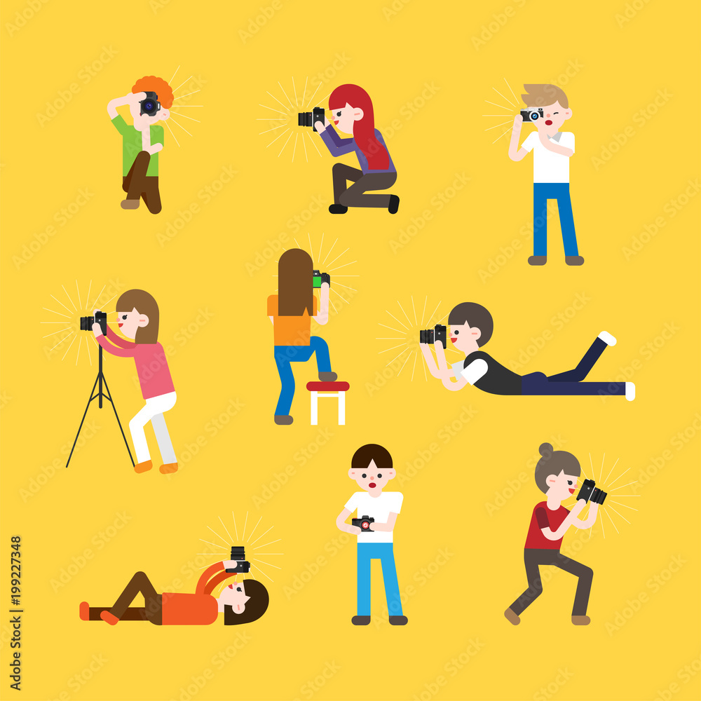 People are taking pictures in various poses. vector flat design illustration set People are taking pictures in various poses. vector flat design illustration set