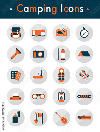 camping icons orange pointed color vector flat design illustration set 