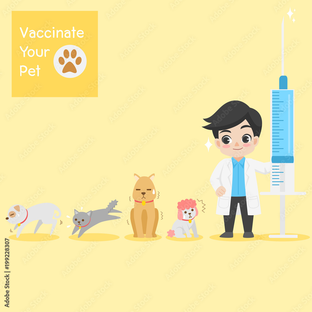 Fototapeta premium Frighten cute dogs, cat, doctor with injection needle character for vaccinate pets on background, vaccine concept, safety life, people health care, medical, medicine, flat design vector illustration.