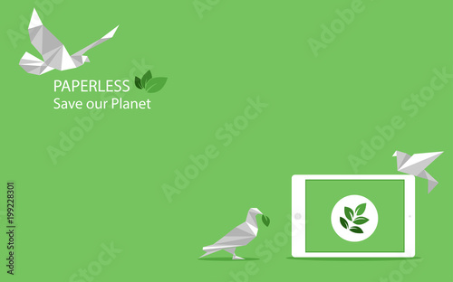 concept of white paper bird fly paperless go green, save the planet, earth, trees, leaf logo, documents, digital, big data, business device, tablet, polygonal, Abstract, future technology, low poly st