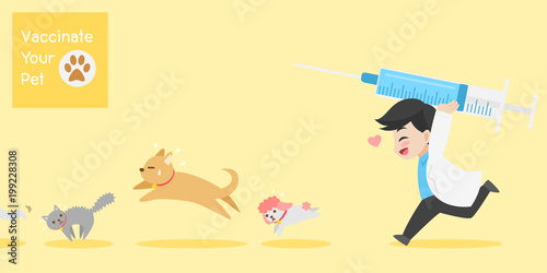 Frighten cute dogs, cat run doctor with injection needle character for vaccinate pets on background, vaccine concept, save life, people health care, medical, medicine, flat design vector illustration.