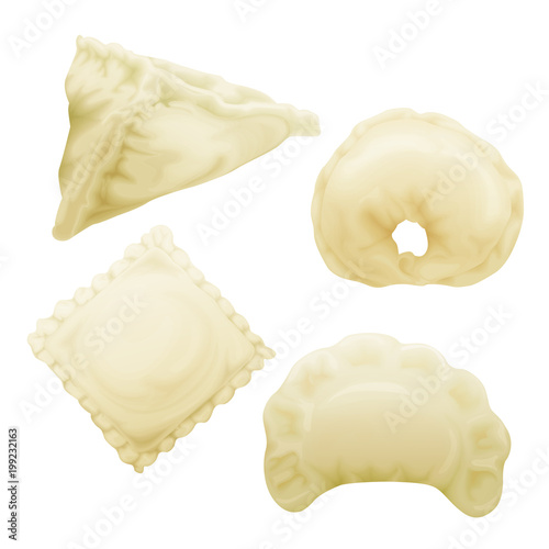Vector realistic dumplings set. Vareniki pierogi samsa ravioli pelmeni. Stuffed pork beef meat with dough, vegetable. 3d illustration with national russian, ukrainian belorussian italian asian cuisine