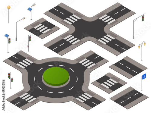 Vector isometric crossroads set. 3d highway transportation infrastructure, urban landscape design element. Illustration with downtown car vehicle road intersection, street traffic objects.