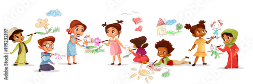 Children of different nationality drawing pictures with chalk pencils vector ...