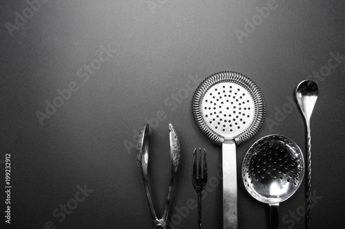 Bartender equipment for making cocktail. Strainer, spoon. Food and beverages concept. Food and beverages concept