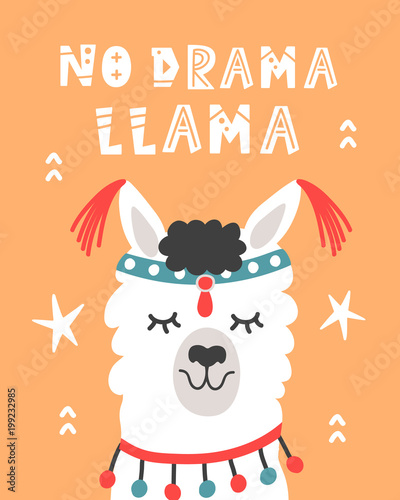 No Drama Llama. Hand Drawn Poster with Cartoon Cute Alpaca