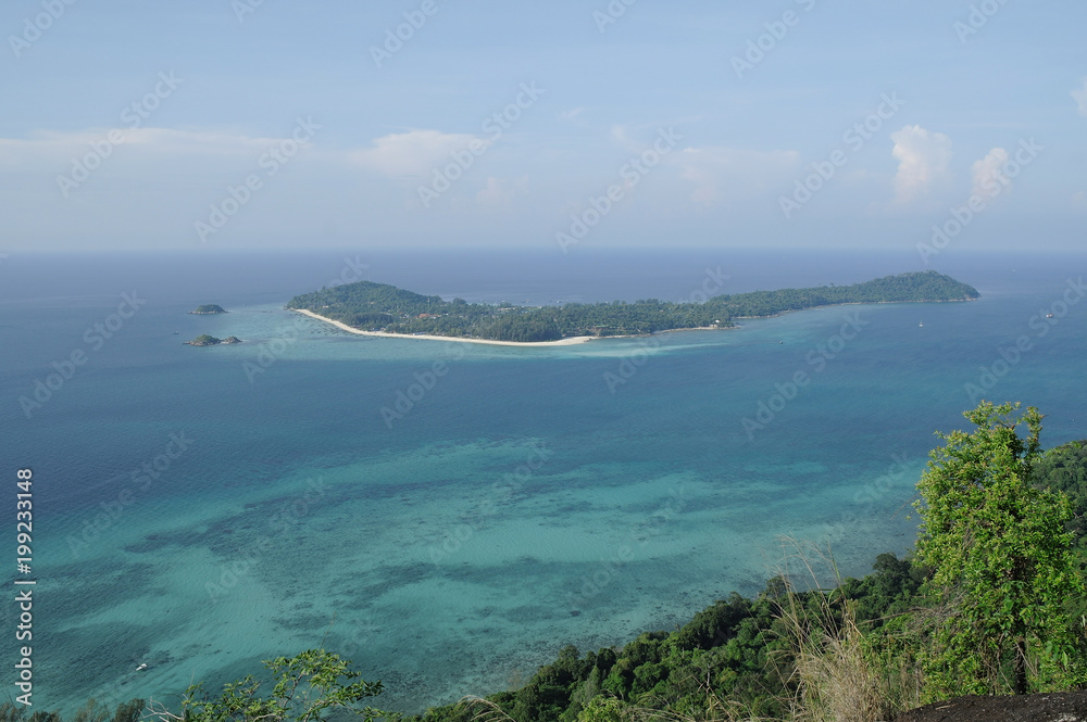 Top view with beautiful tropical sea and island landscape for travel in Thailand.