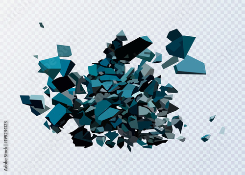 Black triangle with debris on white background. Abstract black explosion. Geometric background. Vector illustration