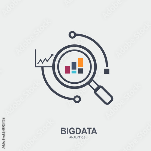 Big data Modern flat line vector illustration icon design. creative outline concept simple symbol, magnify scanning data analysis and graph pictogram.