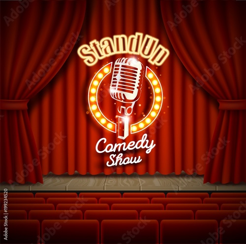 Comedy show theater scene with red curtains vector realistic illustration