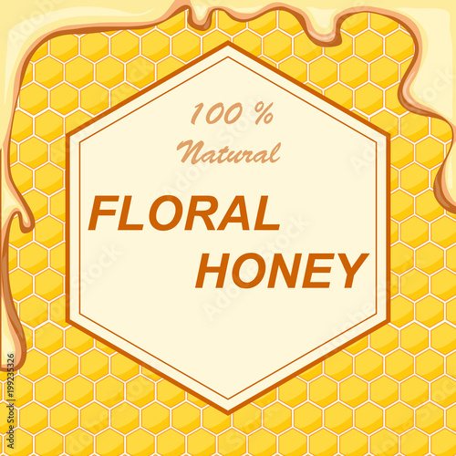 Natural flower honey in a frame against a background of honeycombs. The concept of natural flower honey.