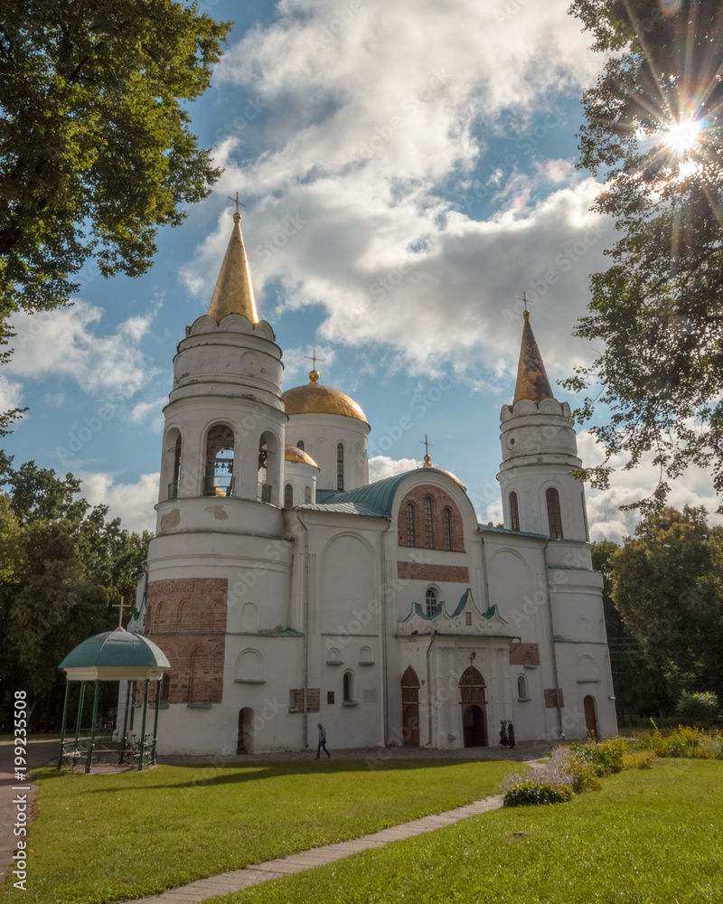 Transfiguration Cathedral in Chernigov, Ukraine. Famous landmark and example of Old Russian architecture. Built in XI century. Located in city park.