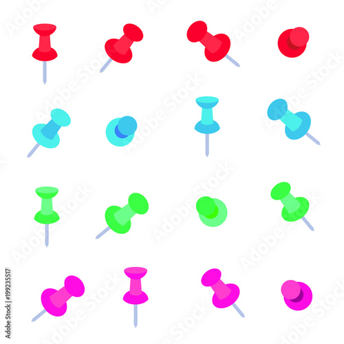 Office multi colored pins flat style paper pins vector illustration. Red, green, blue, pink version set isolated on white background.