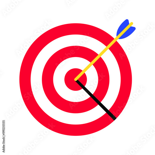 Target with arrow in the bull eye with heavy shadow on it. Goal achieving symbol icon sign vector illustration isolated on white background